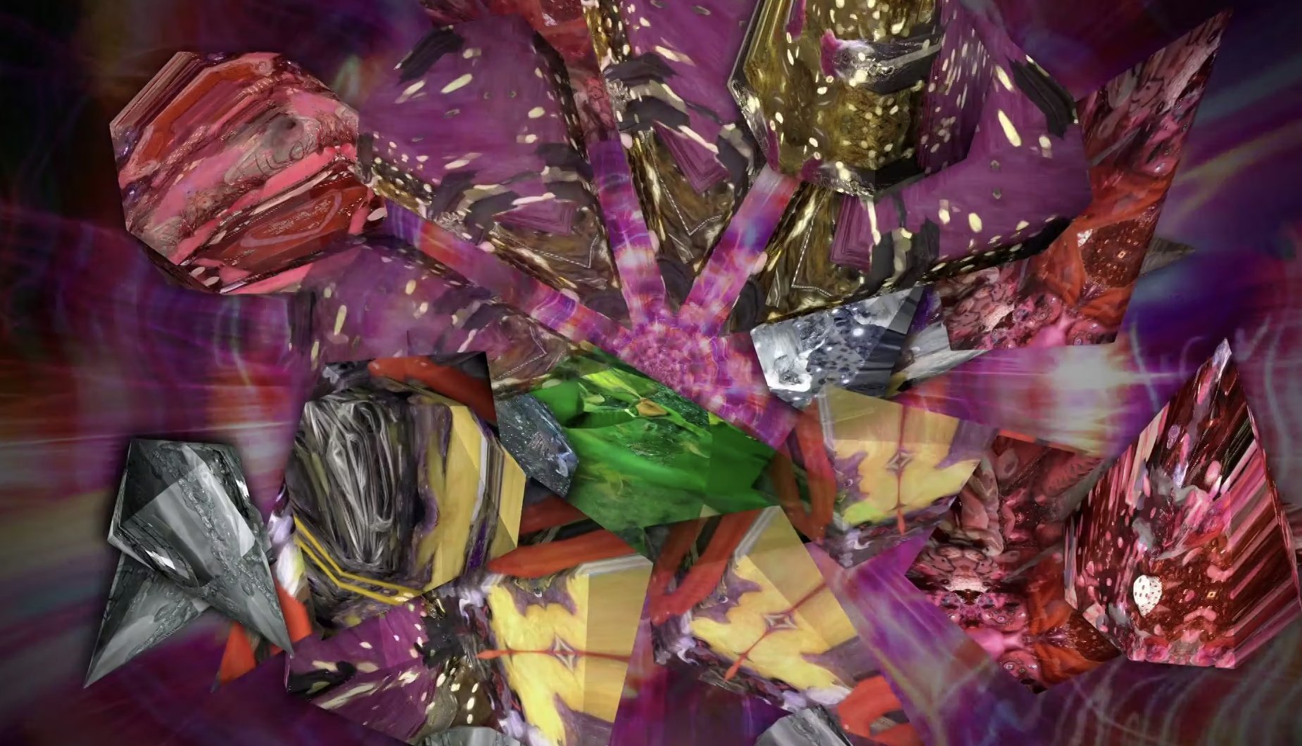 Abstract digital art with fragmented, colorful geometric shapes in purple, gold, red, green, and silver hues.